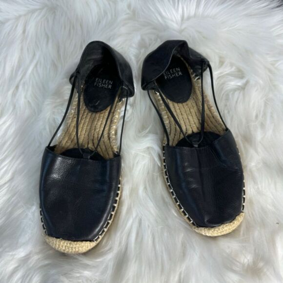 Eileen Fisher Lee Black Leather Espadrille‎ Flats Sz 7.5 main image 3